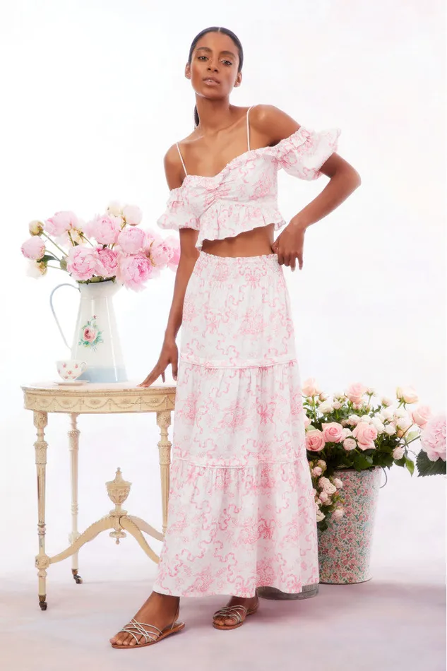 WomenKids Skirts LoveShackFancy Evera Bow Print Cotton Maxi Skirt Bubblegum Blast