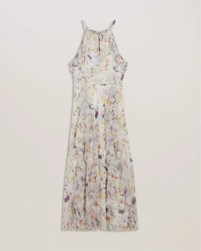 Women LAURIIN 8211 Sleeveless Floral Ruffle Detail Midi Dress White Ted Baker Dresses