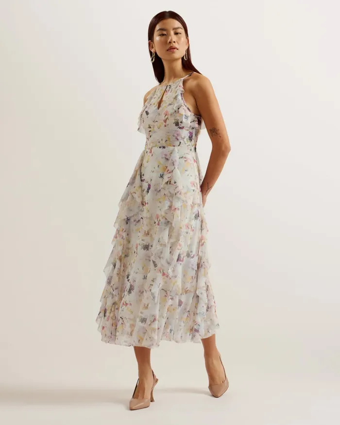Women LAURIIN 8211 Sleeveless Floral Ruffle Detail Midi Dress White Ted Baker Dresses