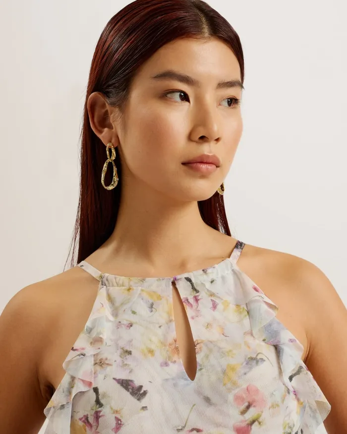 Women LAURIIN 8211 Sleeveless Floral Ruffle Detail Midi Dress White Ted Baker Dresses