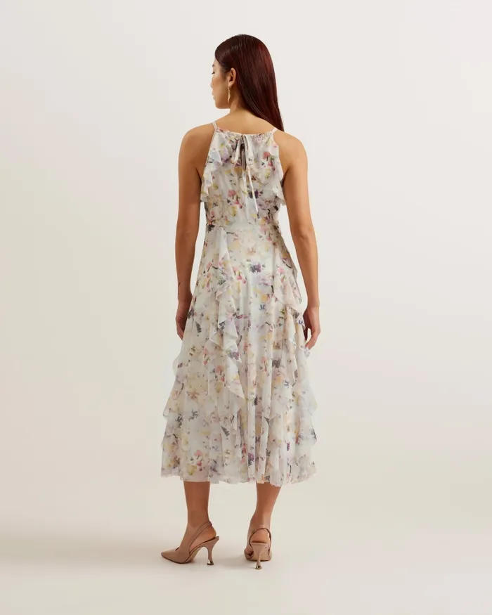 Women LAURIIN 8211 Sleeveless Floral Ruffle Detail Midi Dress White Ted Baker Dresses