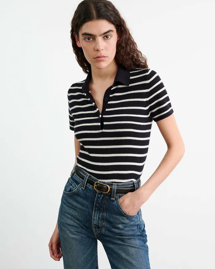 Women LEANNA CASHMERE POLO Dark NavyIvory Stripe Knits and Sweaters Nili Lotan
