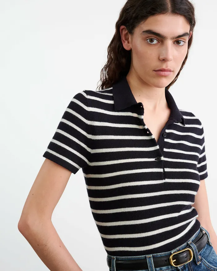 Women LEANNA CASHMERE POLO Dark NavyIvory Stripe Knits and Sweaters Nili Lotan