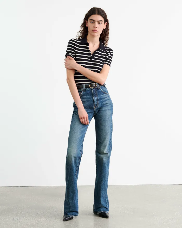 Women LEANNA CASHMERE POLO Dark NavyIvory Stripe Knits and Sweaters Nili Lotan