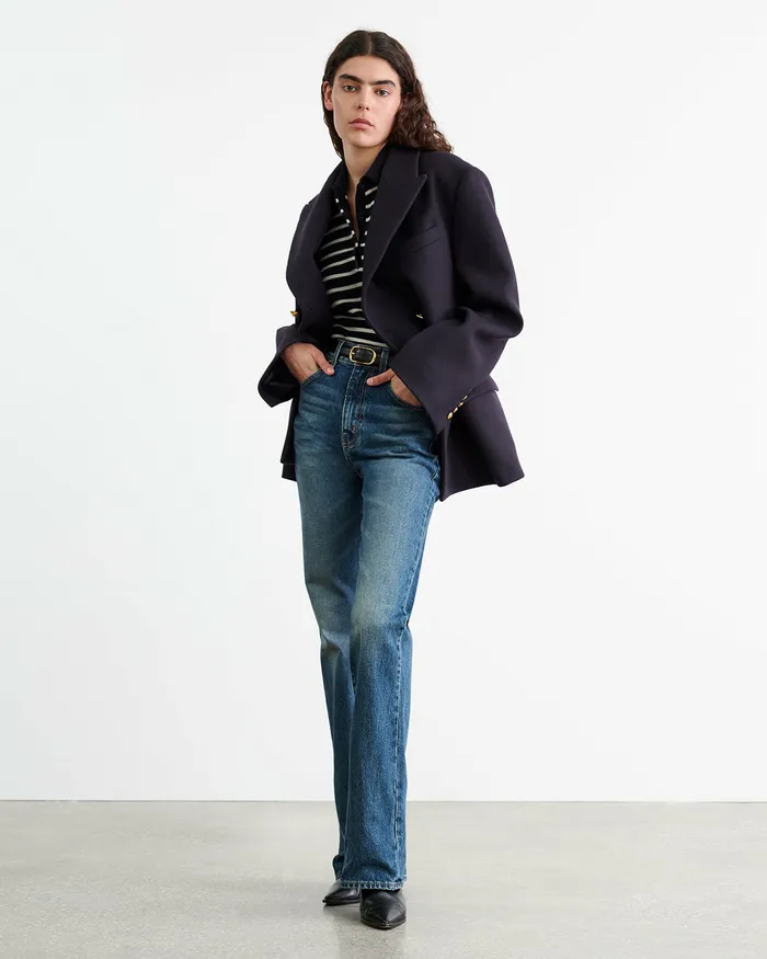 Women LEANNA CASHMERE POLO Dark NavyIvory Stripe Knits and Sweaters Nili Lotan