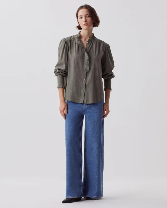 Women LongSleeve Cotton Shirt Basil Dark Green Comptoir Des Cotonniers Blouses and Shirts and Tops