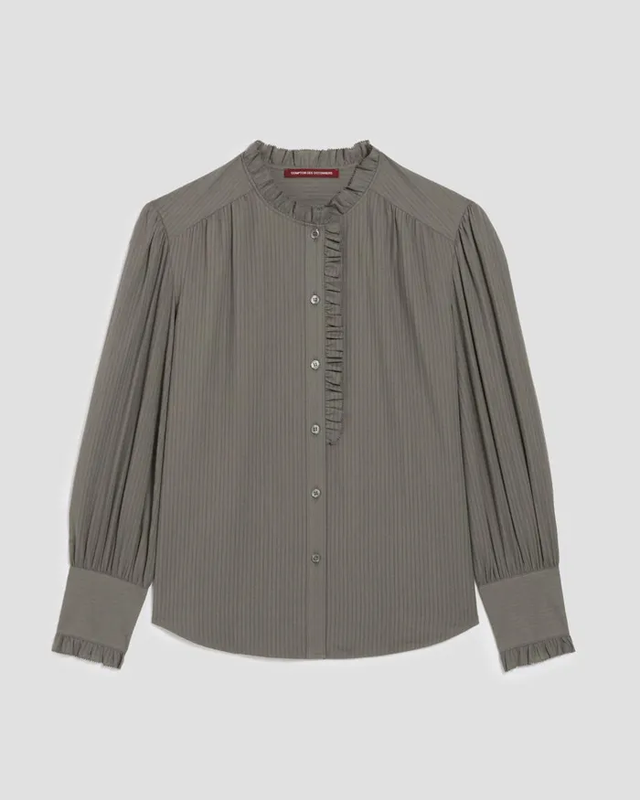 Women LongSleeve Cotton Shirt Basil Dark Green Comptoir Des Cotonniers Blouses and Shirts and Tops