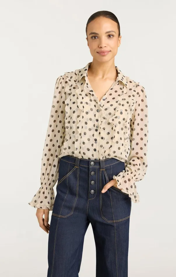 Women Long Sleeve Tops Cinq Sept Estelle Top Polka Dot Gardeniablack