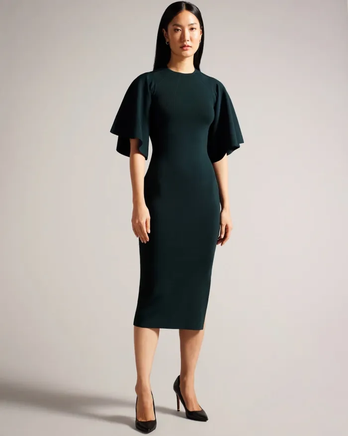 Women LOUNIA 8211 Fluted Sleeve Knitted Bodycon Midi Dress Dark Green Ted Baker Dresses
