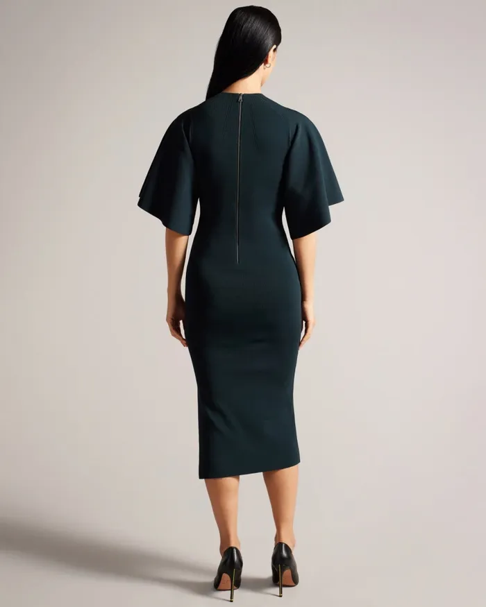 Women LOUNIA 8211 Fluted Sleeve Knitted Bodycon Midi Dress Dark Green Ted Baker Dresses