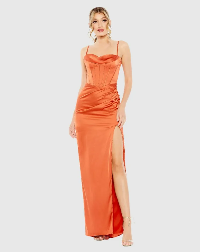 Women Mac Duggal Bustier Side Ruched Bodycon Gown Burnt Orange Evening Gowns
