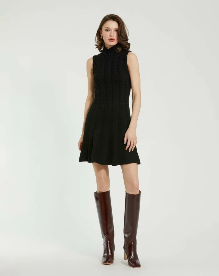 Women Mac Duggal Cable Knit Turtle Neck Sleeveless Mini Sweater Knit Dress Black Knitwear