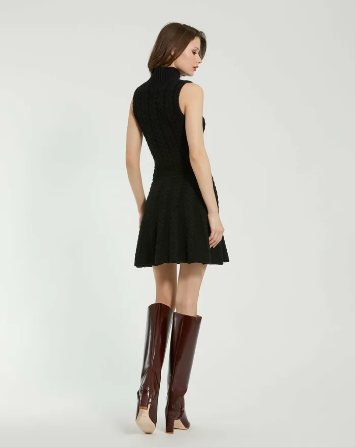 Women Mac Duggal Cable Knit Turtle Neck Sleeveless Mini Sweater Knit Dress Black Knitwear