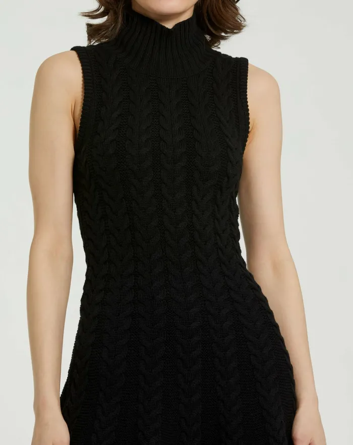 Women Mac Duggal Cable Knit Turtle Neck Sleeveless Mini Sweater Knit Dress Black Knitwear