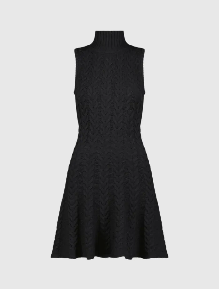 Women Mac Duggal Cable Knit Turtle Neck Sleeveless Mini Sweater Knit Dress Black Knitwear