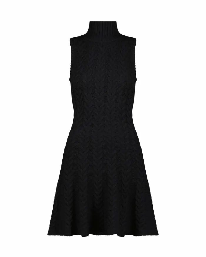 Women Mac Duggal Cable Knit Turtle Neck Sleeveless Mini Sweater Knit Dress Black Knitwear