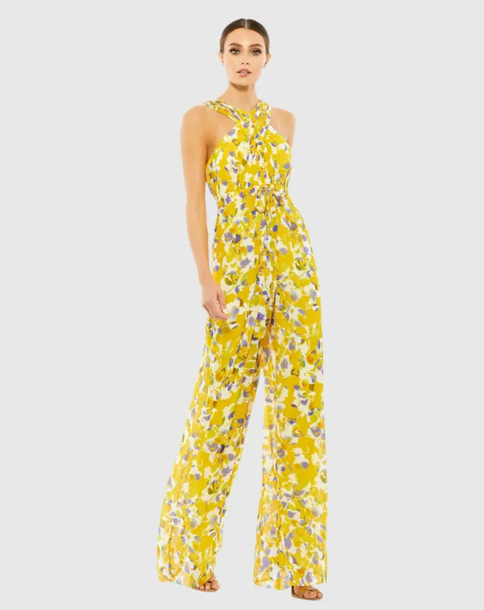 Women Mac Duggal Crossed Halter Tie Waist Jumpsuit YellowMulti Jumpsuits and Rompers