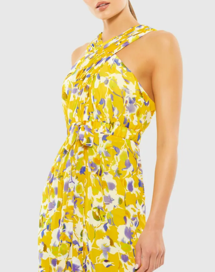 Women Mac Duggal Crossed Halter Tie Waist Jumpsuit YellowMulti Jumpsuits and Rompers
