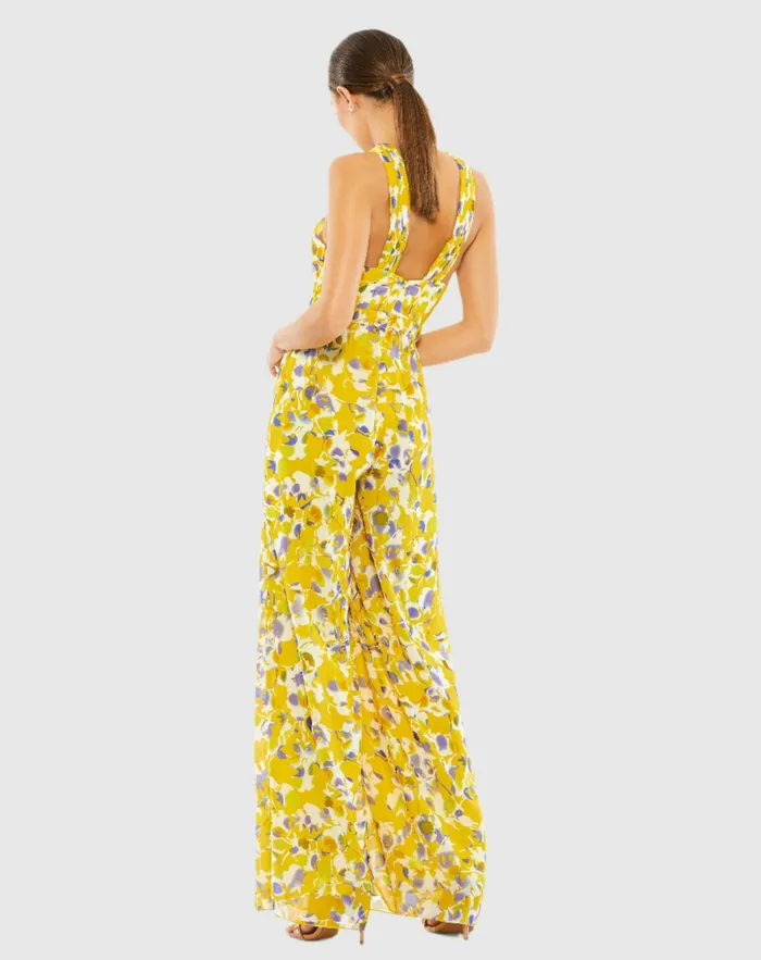 Women Mac Duggal Crossed Halter Tie Waist Jumpsuit YellowMulti Jumpsuits and Rompers