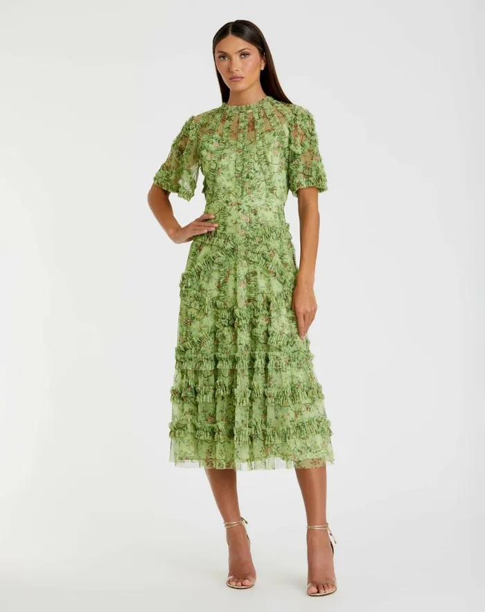 Women Mac Duggal Floral Flutter Sleeve Mesh Print Dress Sage Multi Daytime Dresses