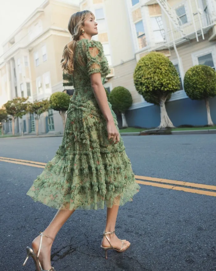 Women Mac Duggal Floral Flutter Sleeve Mesh Print Dress Sage Multi Daytime Dresses