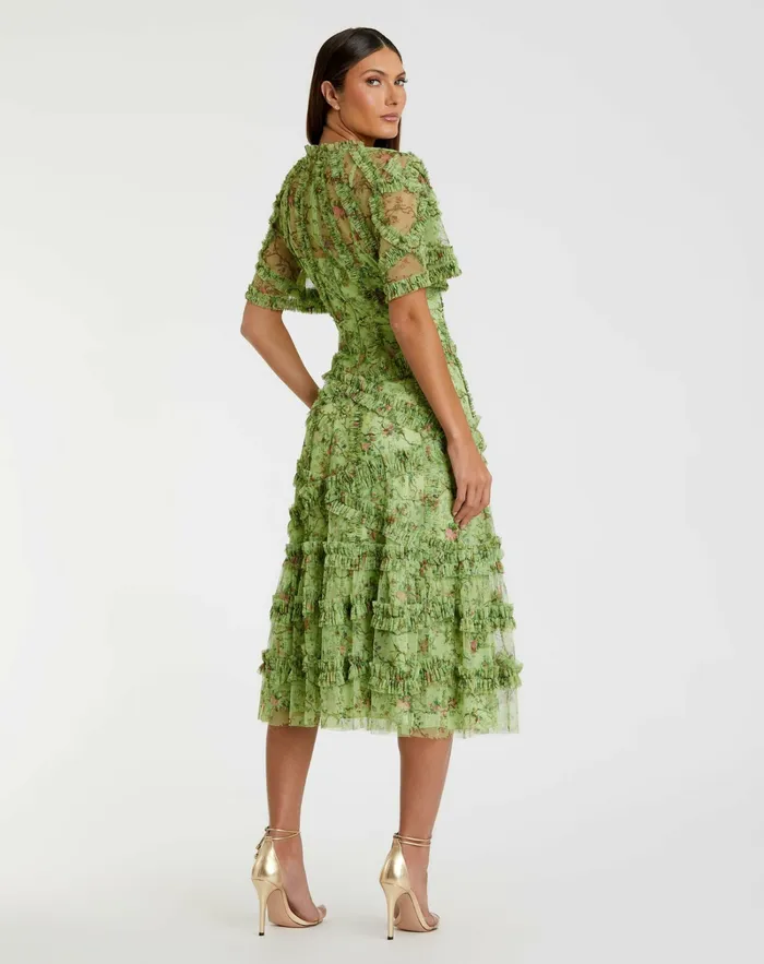 Women Mac Duggal Floral Flutter Sleeve Mesh Print Dress Sage Multi Daytime Dresses