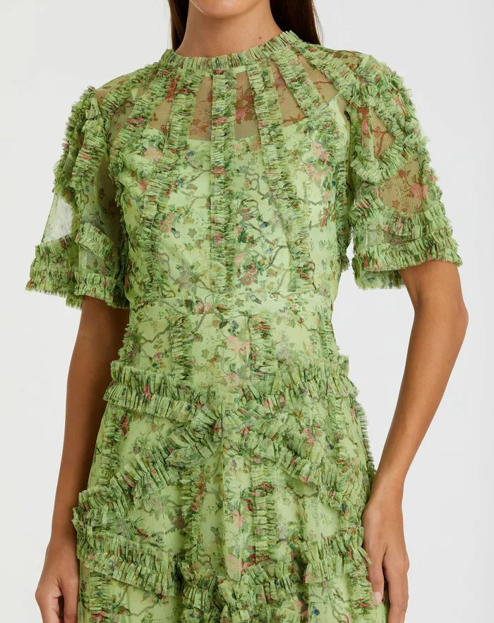 Women Mac Duggal Floral Flutter Sleeve Mesh Print Dress Sage Multi Daytime Dresses