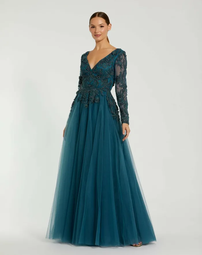 Women Mac Duggal Long Sleeve Embellished Tulle Gown Teal Evening Gowns