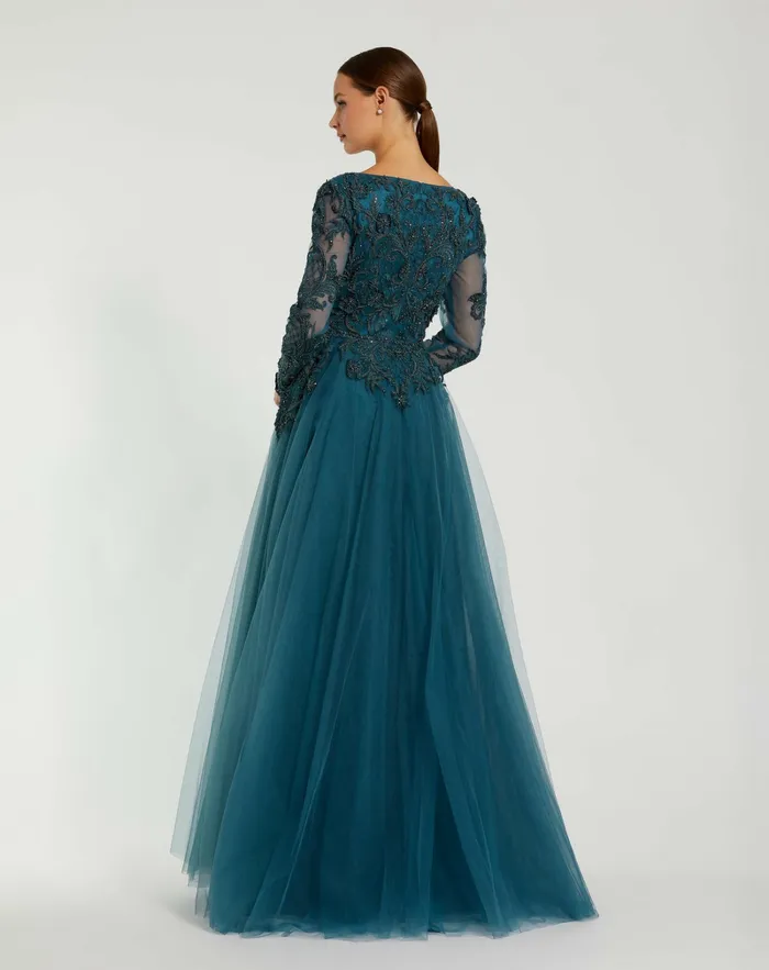 Women Mac Duggal Long Sleeve Embellished Tulle Gown Teal Evening Gowns