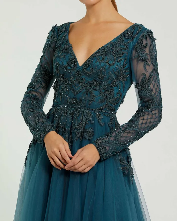 Women Mac Duggal Long Sleeve Embellished Tulle Gown Teal Evening Gowns