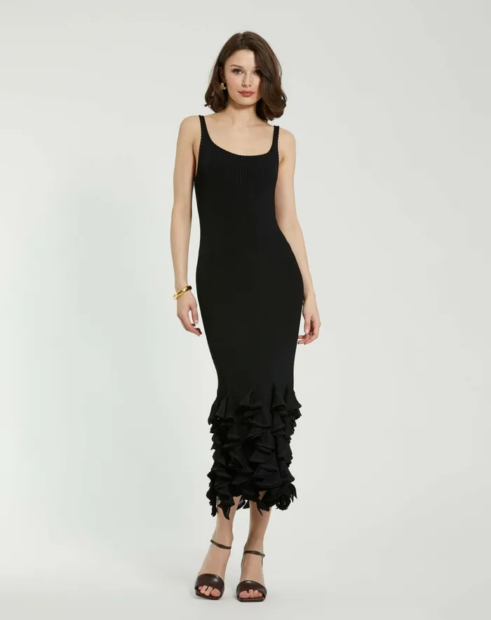 Women Mac Duggal Rib Knit Sleeveless Midi Dress With Ruffle Hem Black Knitwear