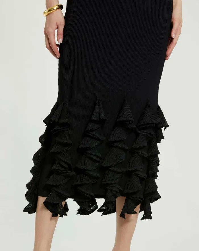 Women Mac Duggal Rib Knit Sleeveless Midi Dress With Ruffle Hem Black Knitwear