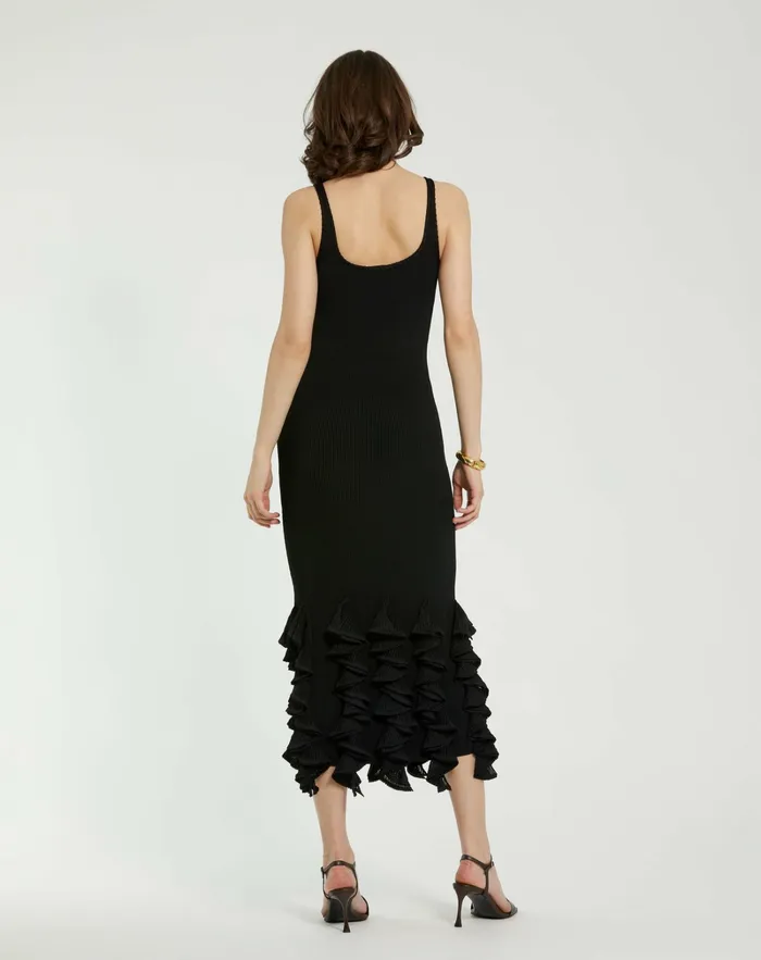 Women Mac Duggal Rib Knit Sleeveless Midi Dress With Ruffle Hem Black Knitwear