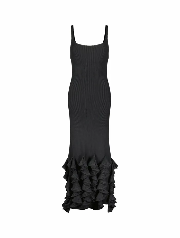 Women Mac Duggal Rib Knit Sleeveless Midi Dress With Ruffle Hem Black Knitwear