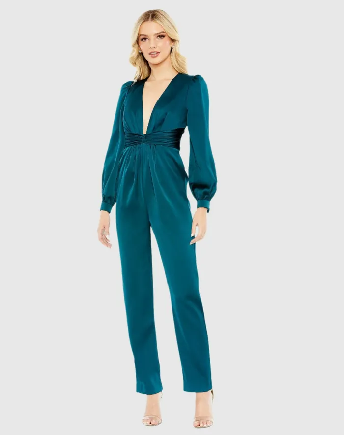 Women Mac Duggal Teal Front Twist Puff Sleeve Deep V Jumpsuit Deep Green Jumpsuits and Rompers