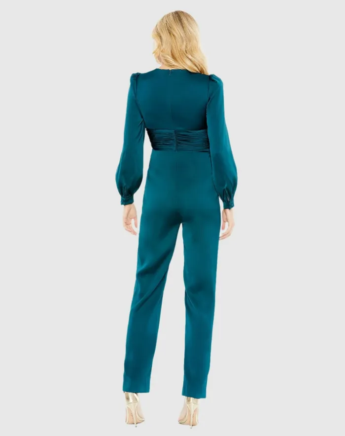 Women Mac Duggal Teal Front Twist Puff Sleeve Deep V Jumpsuit Deep Green Jumpsuits and Rompers