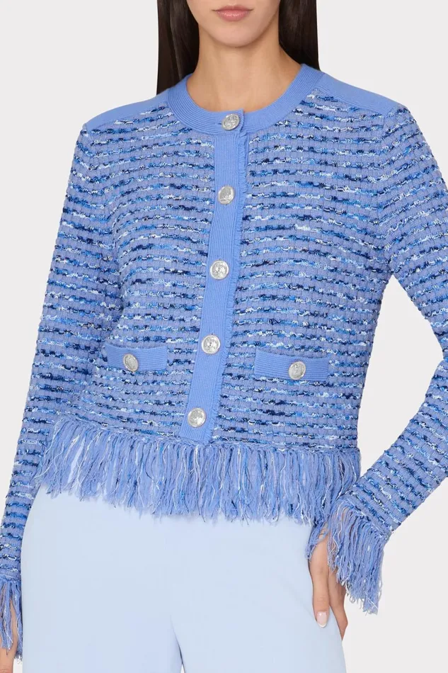 Women Matching Sets Milly Fringe Trim Cardigan Blue