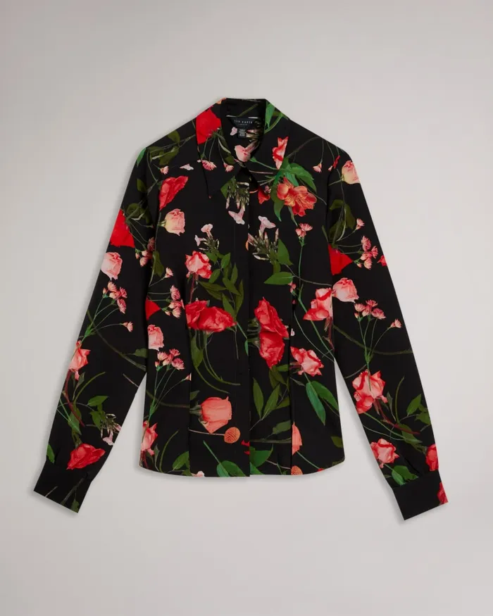 Women MEGGHA 8211 Floral Satin Shirt With Exposed Seams Black Ted Baker Tops and Blouses