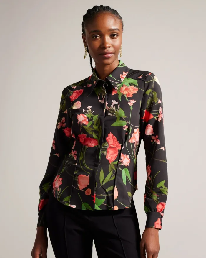 Women MEGGHA 8211 Floral Satin Shirt With Exposed Seams Black Ted Baker Tops and Blouses