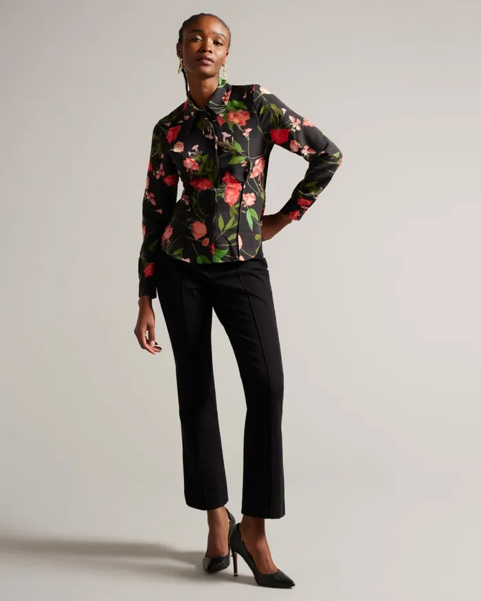 Women MEGGHA 8211 Floral Satin Shirt With Exposed Seams Black Ted Baker Tops and Blouses