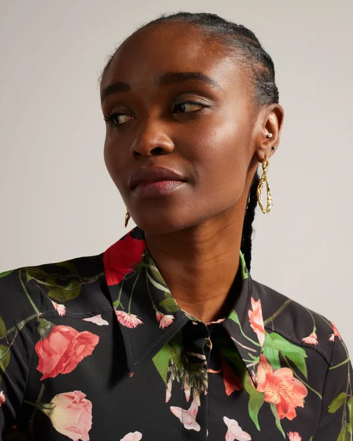 Women MEGGHA 8211 Floral Satin Shirt With Exposed Seams Black Ted Baker Tops and Blouses