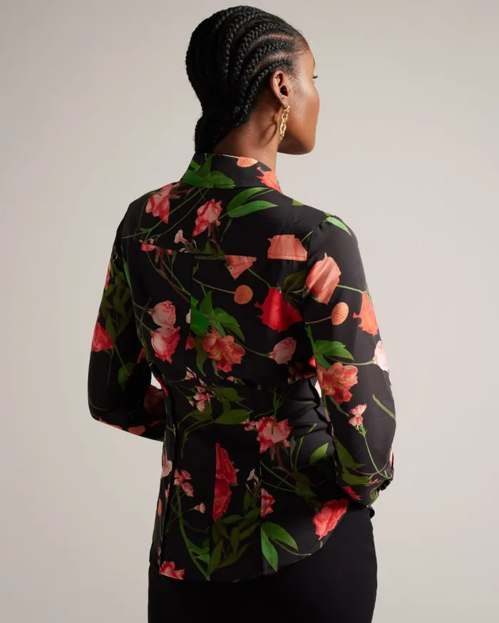 Women MEGGHA 8211 Floral Satin Shirt With Exposed Seams Black Ted Baker Tops and Blouses