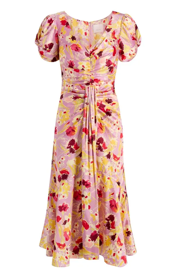 Women Midi Cinq Sept Tossed Floral Walker Dress Mauve Orchid Multi