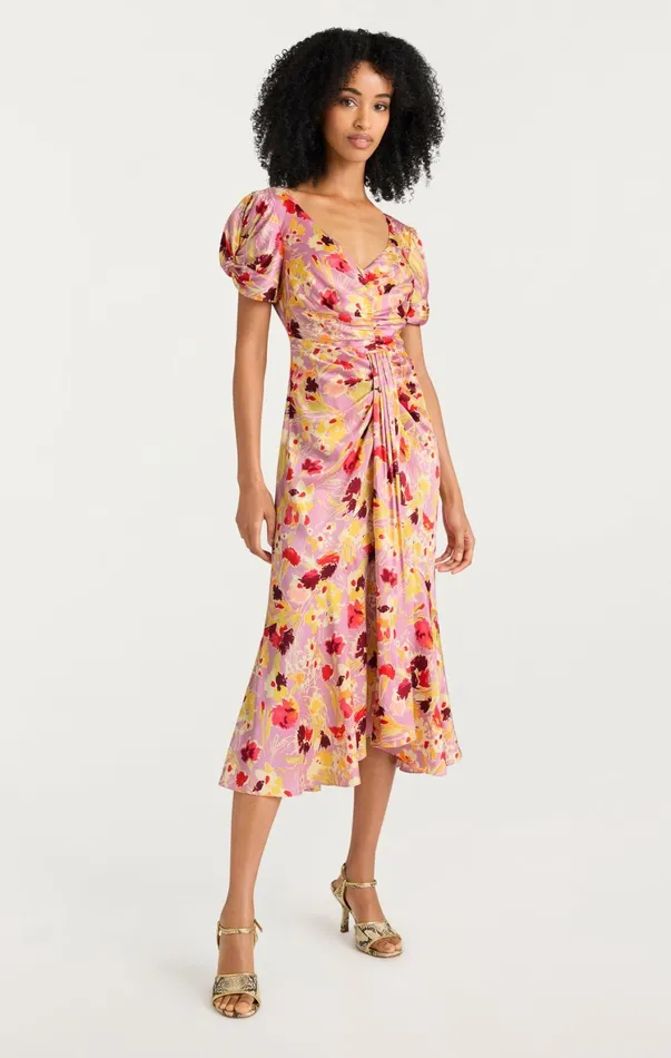 Women Midi Cinq Sept Tossed Floral Walker Dress Mauve Orchid Multi