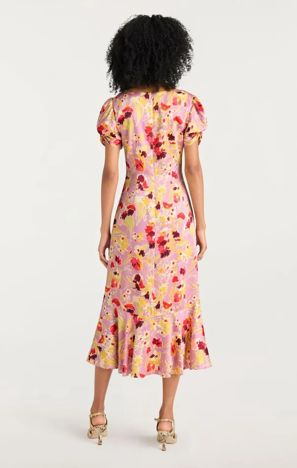 Women Midi Cinq Sept Tossed Floral Walker Dress Mauve Orchid Multi