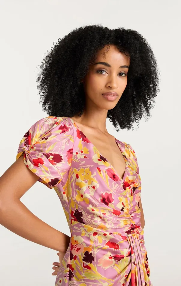 Women Midi Cinq Sept Tossed Floral Walker Dress Mauve Orchid Multi