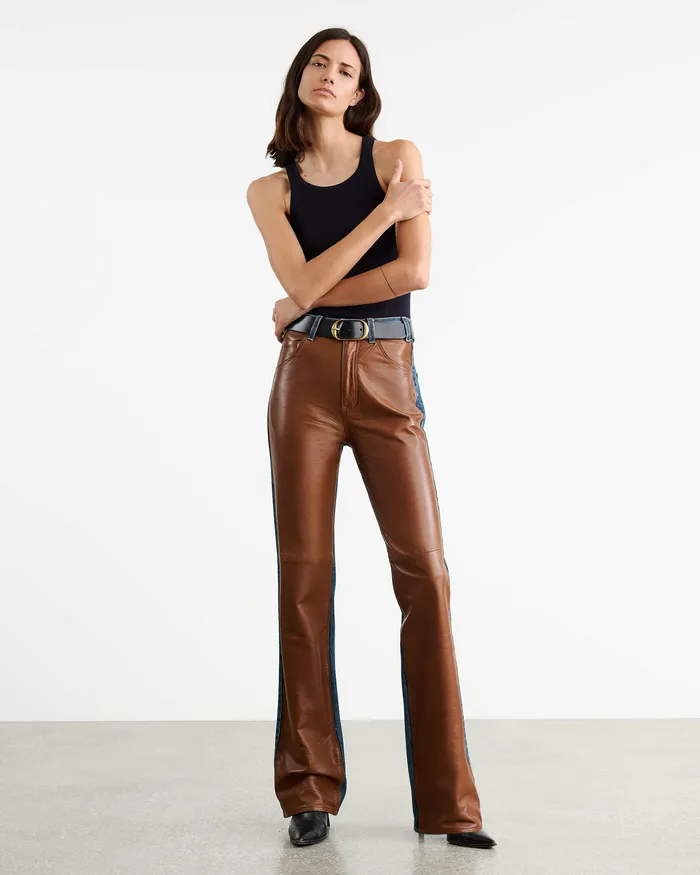 Women Nili Lotan JOAN LEATHER COMBO JEAN Simon Wash W Cognac Denim