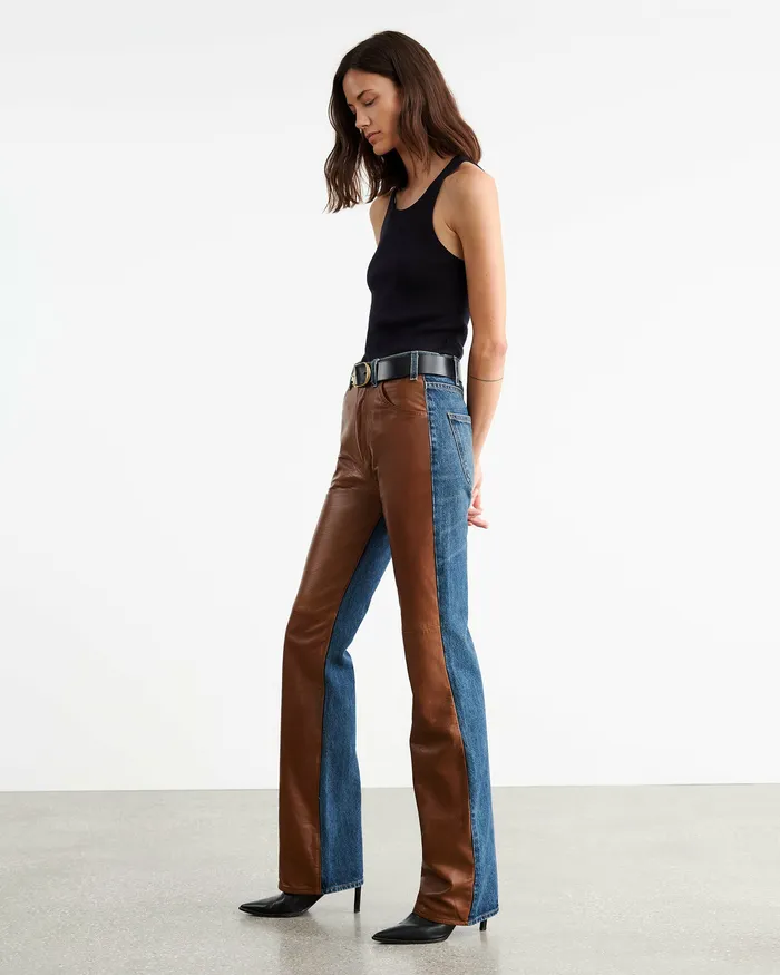 Women Nili Lotan JOAN LEATHER COMBO JEAN Simon Wash W Cognac Denim
