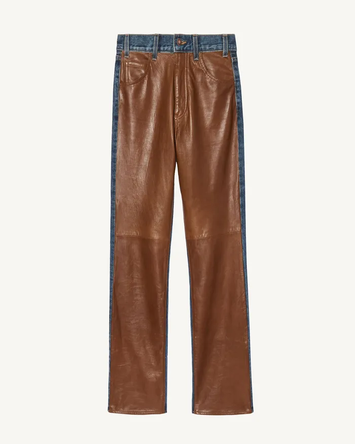 Women Nili Lotan JOAN LEATHER COMBO JEAN Simon Wash W Cognac Denim