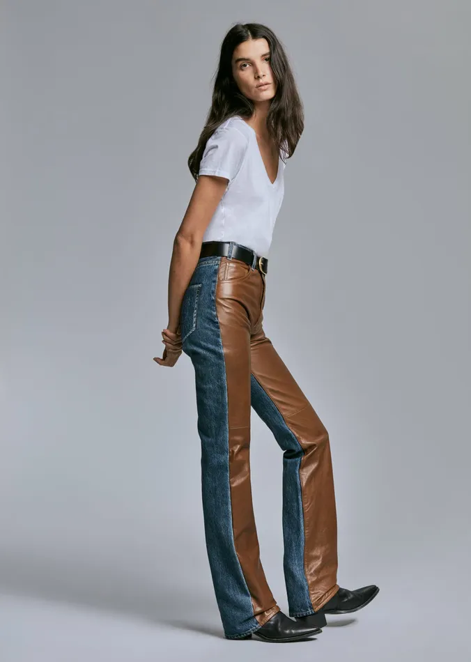 Women Nili Lotan JOAN LEATHER COMBO JEAN Simon Wash W Cognac Denim